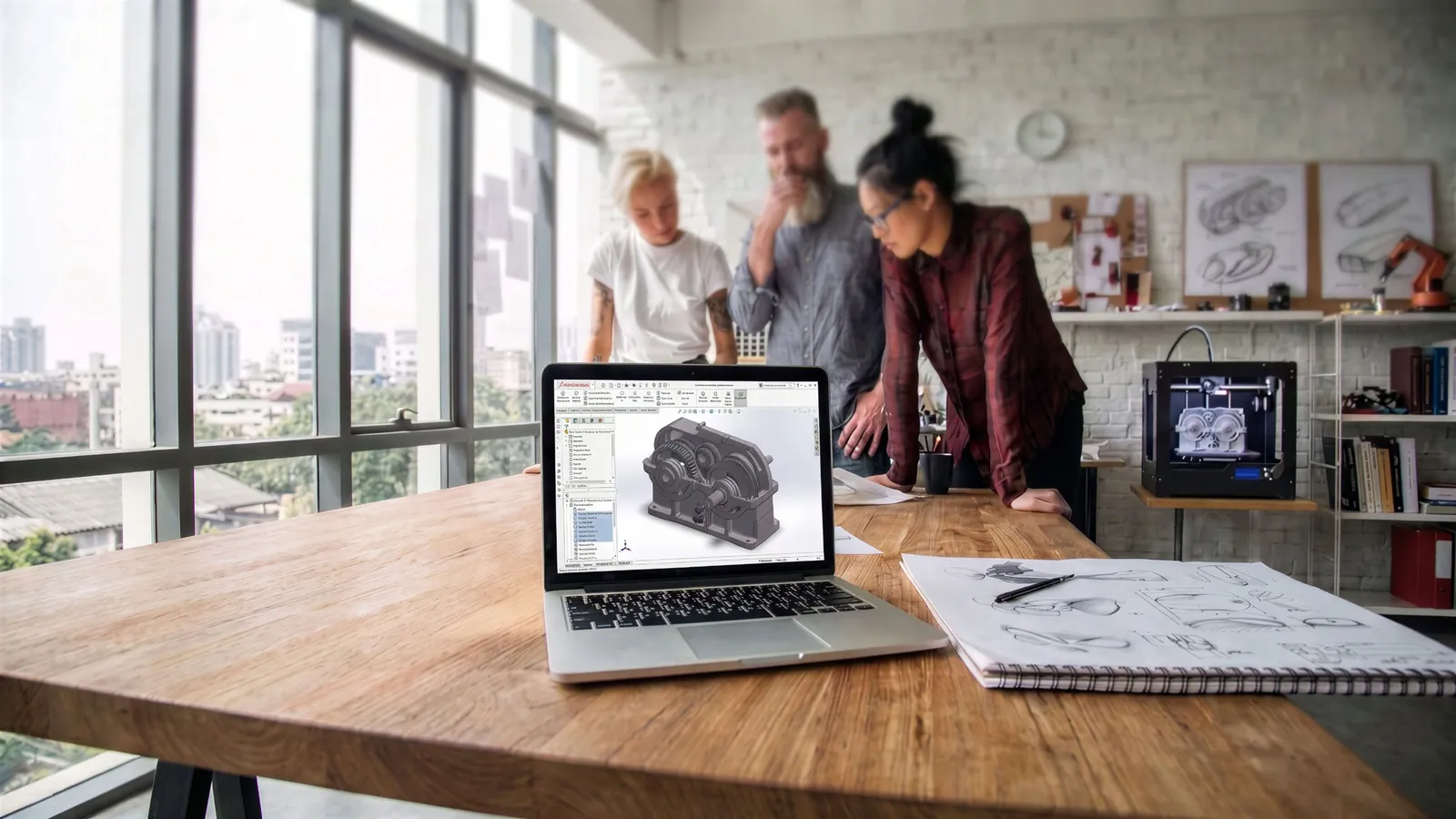 Engineering team reviewing a CAD model in the workshop